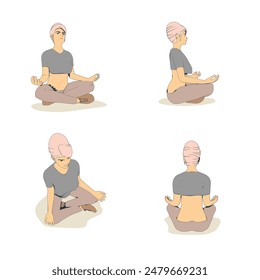 Young girl sitting in yoga lotus pose. Happy relaxed female character performing meditation exercise. Sport fashion girl outline in urban casual style. Front, side and top angle view