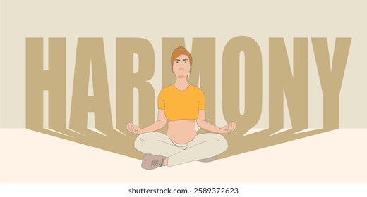 Young girl sitting in yoga lotus pose. Happy relaxed female character performing meditation exercise. Sport fashion girl outline in urban casual style casting a shadow of harmony word.