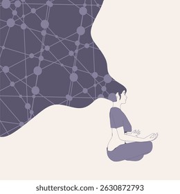 Young girl sitting in yoga lotus pose. Happy relaxed female character performing meditation exercise. Sport fashion girl outline in urban casual style. Take time to relax text