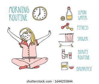 A young girl sitting in yoga pose after early wake up and planning morning routine including fitness, drinking lemon water, shower, breakfast, and beauty rituals. Hand drawn vector illustration