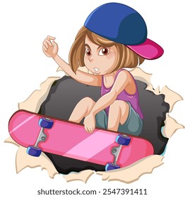 Young girl with skateboard breaking through paper