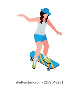 Young girl with skateboard isometric vector illustration