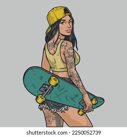 Young girl skateboarder sticker colorful with board for hiking skate park in hand lady with tattoo on body vector illustration