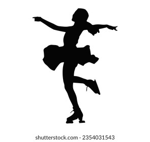 Young girl skater performs spin in figure skating, black silhouette on white background, illustration.