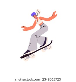 Young girl skater riding skateboard. Happy active cool woman skateboarder in safety helmet standing on skate board. Summer sport activity. Flat vector illustration isolated on white background