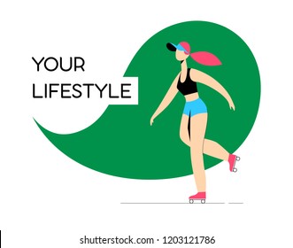 Young girl skates on roller-skaters. Design character. Modern vector illustration in flat cartoon style for the website