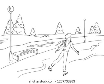 Young girl skating at the ice rink graphic black white winter landscape sketch illustration vector