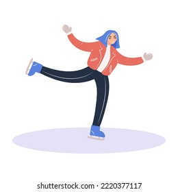 una joven patinando en invierno sobre hielo. ilustración vectorial