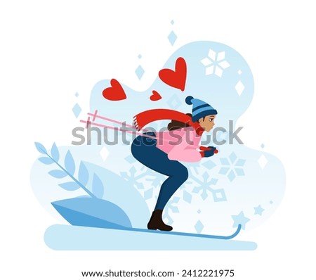 A young girl skier descends from the slope on skis in the appropriate position. The winter sport is skiing. Sports as a healthy lifestyle. flat vector illustration in cartoon style