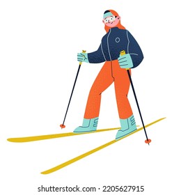 A young girl is skiing. Beginner. Winter activities. Wintersports. Extreme sport. Vector Flat illustration.