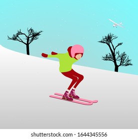 Young girl is skiing at a ski resort. Child is skiing down a snowy mountain. Alpine skier doing winter sport. Vector illustration of a flat style.
