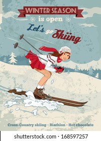 Junge Mädchen Skifahren im Skigebiet. Vintage-Sportposter