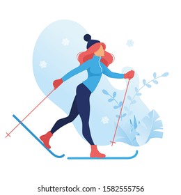 Young girl is skiing. Winter game sport vector flat illustration of skier. Outdoor snow recreation, cartoon character. frozen plants isolated background. Winter web banner design. Vector