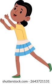 Uma jovem menina em uma saia batendo palmas com uma expressão alegre em um estilo de desenho animado. Ela parece feliz e animada com as mãos levantadas e um sorriso no rosto. Ilustração de vetor de desenhos animados.