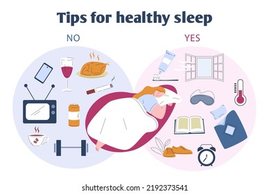 Niña joven duerme en la cama y buenas y malas costumbres. Consejos para dormir saludables, buena comida y entrenamiento. Tratamiento de insomnio, mejor soñación en infografía vectorial kicky nocturna