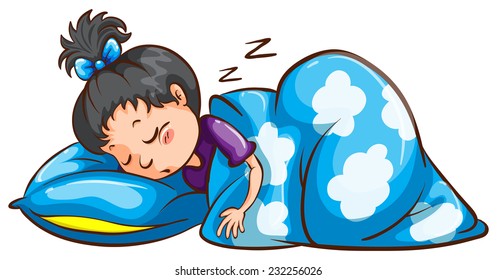 A young girl sleeping with her blue pillow and blanket on a white background 