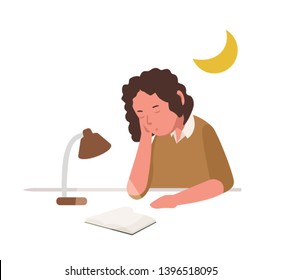 Young girl sleeping, slumbering or dozing while reading book or preparing for school lesson, examination or test. Cute student or pupil studying hard overnight. Flat cartoon vector illustration.