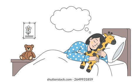 Young girl sleeping soundly in bed holding a stuffed giraffe toy