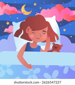 A young girl sleeping with a teddy bear under a blanket, dreamy night sky with stars, moon, and clouds in the background. Concept of peaceful sleep. Vector illustration