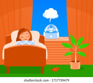 A young girl sleeps in bed at night under the covers. A humidifier is turned on on the window. Cozy home room. Vector cartoon illustration.