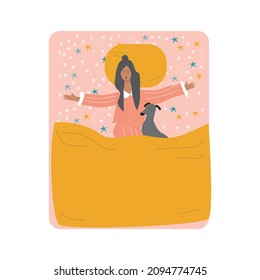 A young girl sleeps with her dog on a large comfortable bed. Vector illustration of rest, relaxation and eight hours of sleep. 