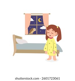 a young girl sleepwalking in her bedroom at night