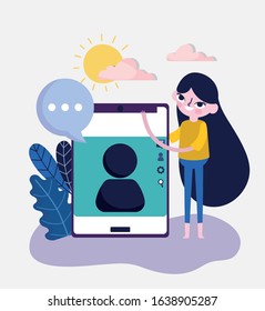 young girl smartphone avatar speech bubble social media vector illustration
