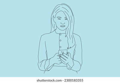 Young girl smartphone in hand vector line arts 