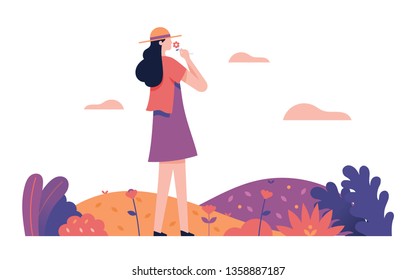 young girl smells the freshness of flowers in the garden, welcome spring concept vector illustration, a happy girl enjoy the nature and flowers