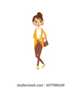 Young girl with smiling face expression in casual clothes cardigan, blouse, pants and handbag. Flat vector illustration