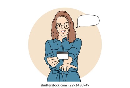 Young girl smiling happily with a friendly, confident, positive look, offering and showing an object or concept. holding a credit card, Hand drawn in thin line style, vector illustration.