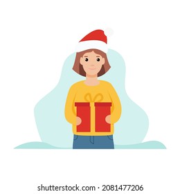 Young girl smiling in Santa hat holds Christmas gift box. Single vector illustration isolated in white. Element design for card, postcard, greeting card, flayer, poster, calendar