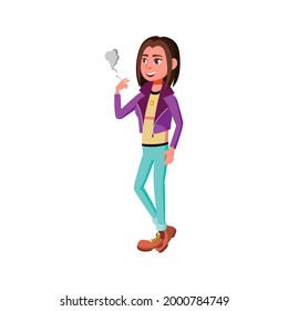 young girl smoking cigarette outside cartoon vector. young girl smoking cigarette outside character. isolated flat cartoon illustration