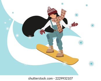 Young girl snowboarding down a snowy mountain, Vector illustration, for extreme sports design, cards, flyers or composition element