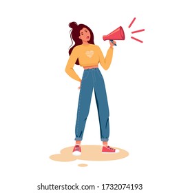 A young girl speaking into a megaphone. Isolated vector female character on a white background. Use it as a clipart to design an ad with a call. A man shouting an ad . Stock illustration