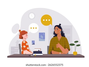 Uma jovem fala com uma terapeuta do sexo feminino em uma mesa em um ambiente de escritório calmo, com livros e balões de fala mostrados, simbolizando a comunicação. Ilustração vetorial
