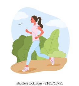 Una niña pasa tiempo al aire libre. Ilustración vectorial de la caricatura mujer feliz trotando en el parque en verano, haciendo ejercicios de fitness. Aislados en segundo plano