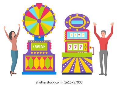 Young girl spinning colorful roulette wheel. Man playing slot machines. Excited people winning money in casino. Game of chance, taking risks, gambling vector
