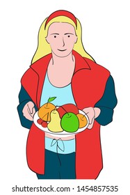 Young girl in sport costume is holding a dish with fresh fruits. Healthy food and lifestyle concept. Hand drawn vector illustration.