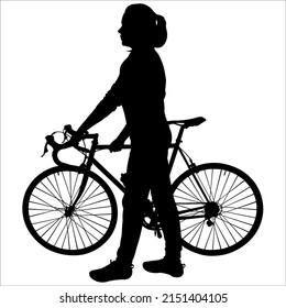 A young girl in a sports uniform, with a tail of hair on her head. The girl is holding a bicycle with her hands. Biking. Cyclist. Road bike. Side view. Black female silhouette isolated on white.