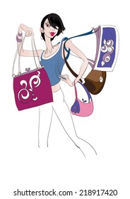 Young girl in sportswear demonstrates collection of bags