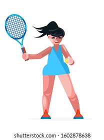 A young girl in sportswear is holding a racket and a tennis ball. Tennis game. The concept of an active lifestyle and sports training. Flat vector illustration isolated on white background.