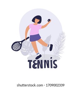 Young girl in sportswear is holding a racket and a tennis ball. Concept of an active lifestyle and sports training. Flat vector illustration isolated on white background.