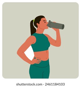 Chica joven en ropa deportiva posando en gimnasio, ropa de fitness, sosteniendo botella de agua, Ilustraciones vectoriales planas en fondo aislado