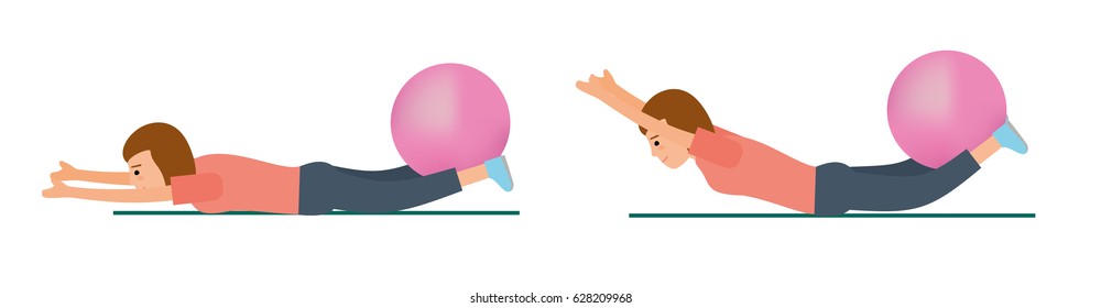 Young girl. Sportswoman. Young beautiful fitness girl with pink ball exercising in the gym. Flat vector illustration