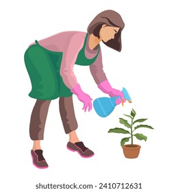 A young girl sprays a plant with a spray bottle. Isometric people. A woman in a greenhouse worker takes care of plants. Flower shop seller, florist. 3D Isometric vector illustration.