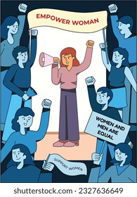 Young girl spreading awareness about women empowerment colourful vector illustration.