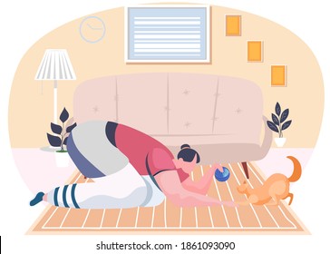 Young girl squatted down playing with her ginger cat in living room interior. Funny game with little pet at home. Woman plays with kitten. Girl training pet with a ball. Toys for animal entertainment