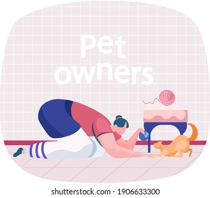 Young girl squatted down playing with her ginger cat at home. Funny game with little pet in livingroom. Woman shows love and care for kitten. Girl training pet with ball. Toys for animal entertainment