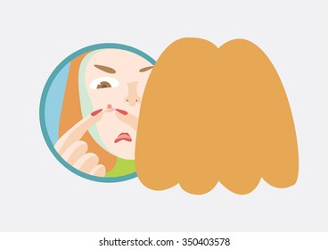 Young girl is squeezing out a red pimple on her face looking in mirror. Bothering acne. Skin problems. Vector illustration with a place for some message (place it on her hair)